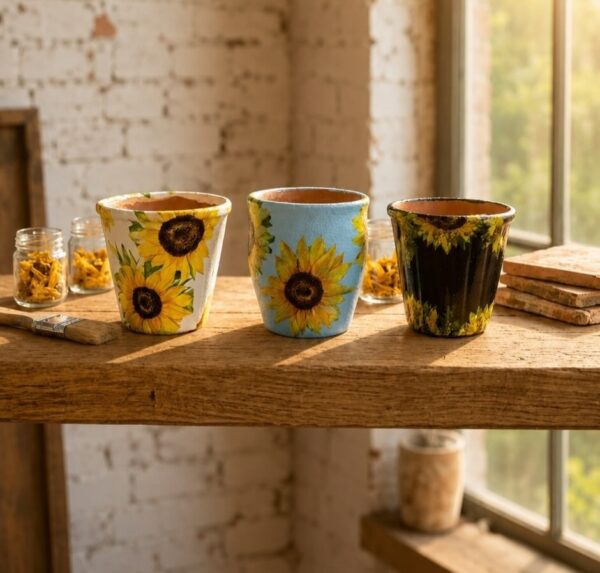 Sunflower Decoupaged Handpainted Kulhad Pots