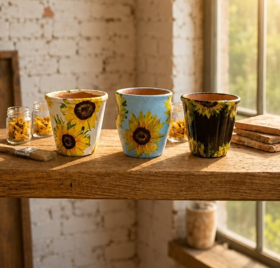 Sunflower Decoupaged Handpainted Kulhad Pots